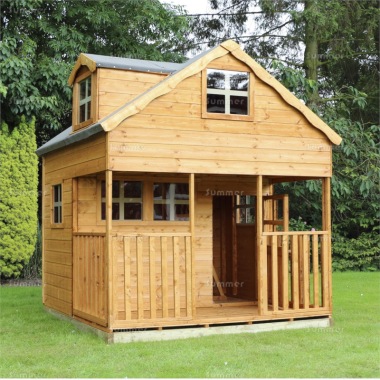 wooden playhouse with upstairs