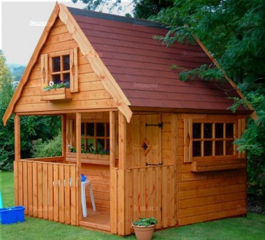 wooden playhouse with upstairs